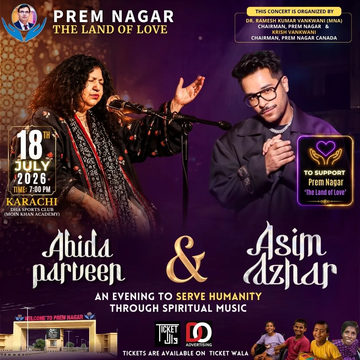 Prem Nagar — The Land of Love charity concert, Abida Parveen & Asim Azhar, 18 July 2026, Karachi
